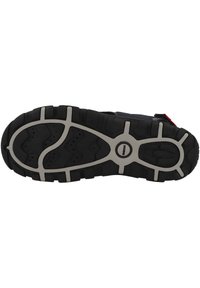Suola di scarpa in gomma nera con motivo di battistrada testurizzato, caratterizzata da una intersuola grigia e dal logo del marchio al centro. Progettata per trazione e durata.