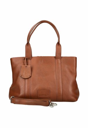 Borsa in pelle marrone Burkely con doppi manici, tracolla rimovibile e una targhetta in pelle con logo.