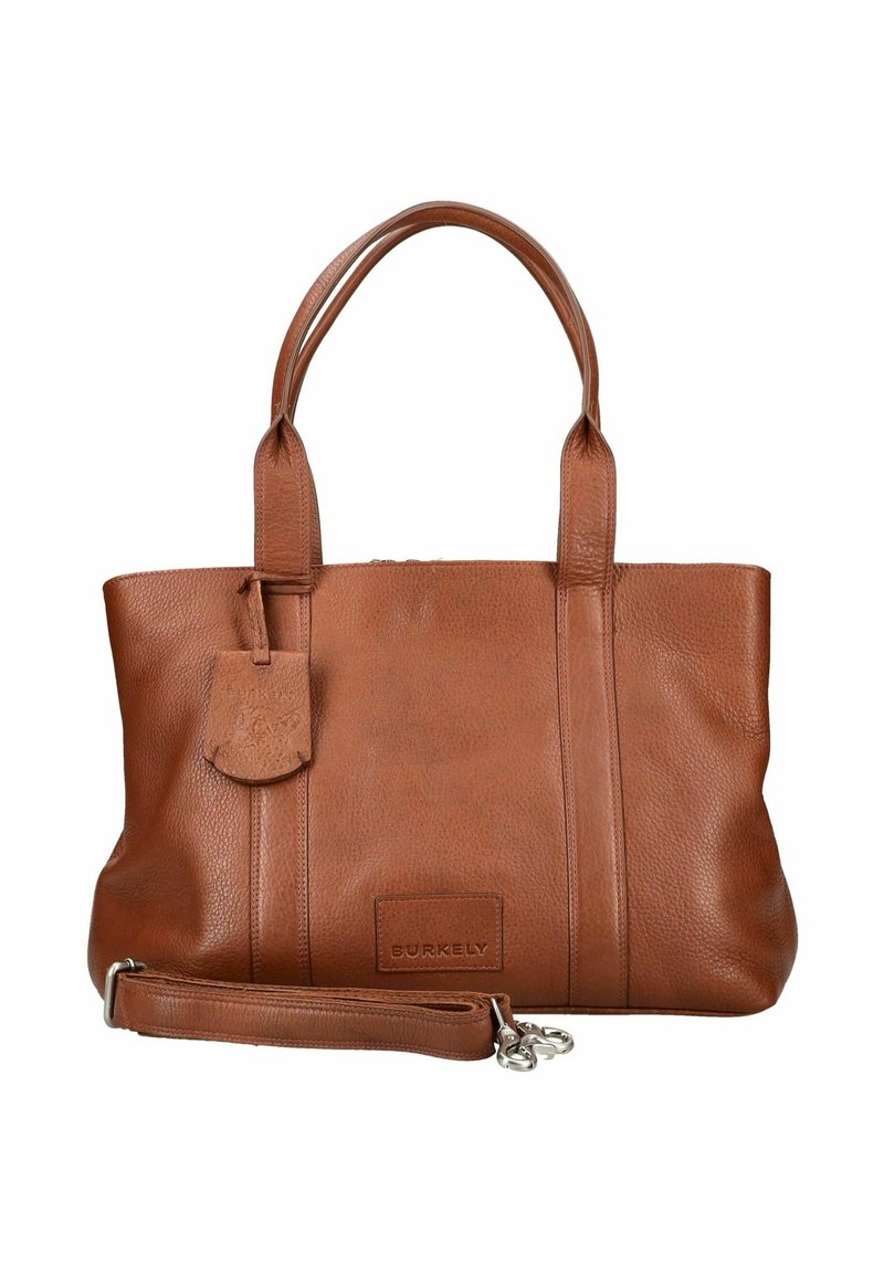 Borsa in pelle marrone Burkely con doppi manici, tracolla rimovibile e una targhetta in pelle con logo.