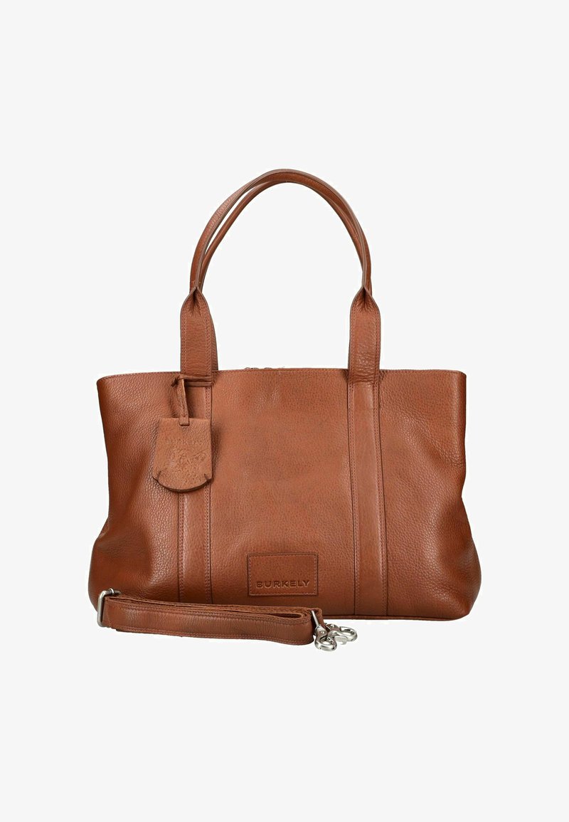 Brun læder Burkely taske med dobbelte håndtag, aftagelig skulderrem og et mærket lædermærke.