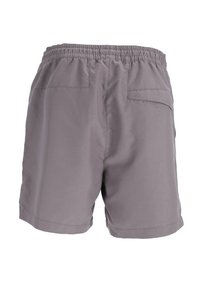 Shorts à taille élastique gris avec deux poches arrière, dont une avec un rabat, présentés sur un fond blanc.