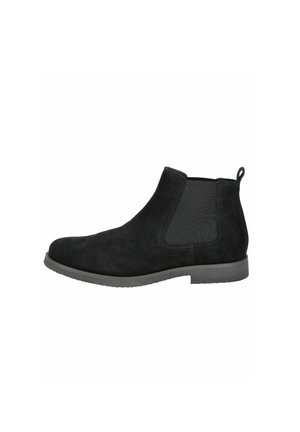Botas de tobillo de ante negro con paneles laterales elásticos, punta redondeada lisa y suela de goma texturizada. Incluye un tirador en la parte trasera para facilitar el calzado.