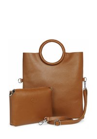 Braune Leder-Tasche mit rundem Griff und einer strukturierten Oberfläche. Enthält eine passende abnehmbare Tasche mit einem Riemen. Silbern glänzende Hardware-Details.