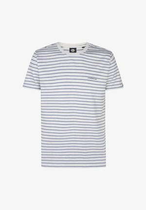 Stribet t-shirt i lys grå med marineblå vandrette striber, med rund halsudskæring og korte ærmer. Indeholder et lille logodetalje.