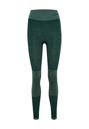 Mörkgröna leggings med ett texturerat mönster; hög midja; kontraststickade sektioner på benen; åtsittande design för atletisk användning.