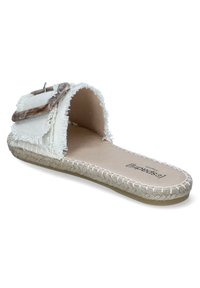 White fabric slide sandal with frayed edges, a decorative buckle, and a jute rope sole. Features a flat, cushioned insole.