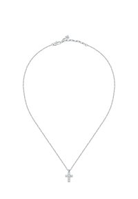 Collana d'argento con un piccolo pendente a croce geometrica su una catena delicata, dotata di chiusura a gancio e lunghezza regolabile.