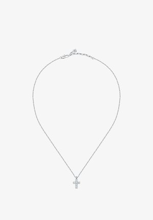 Collana d'argento con un piccolo pendente a croce geometrica su una catena delicata, dotata di chiusura a gancio e lunghezza regolabile.