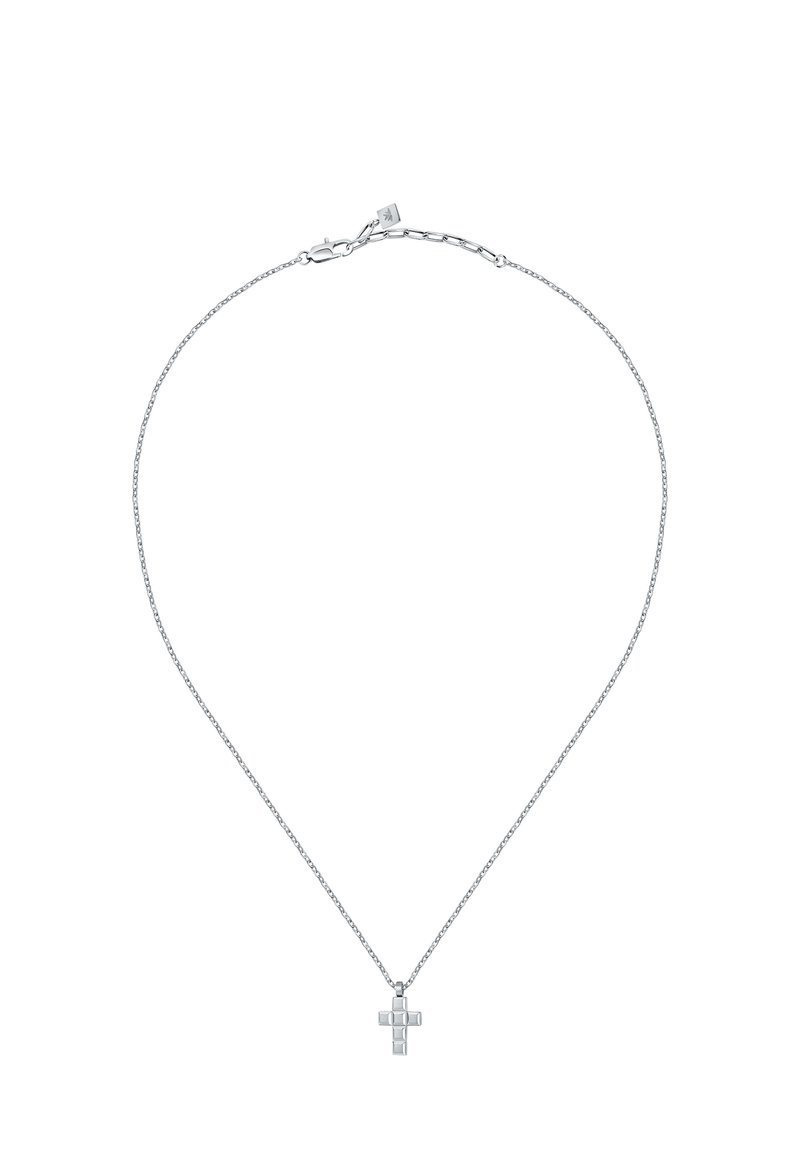 Collana d'argento con un piccolo pendente a croce geometrica su una catena delicata, dotata di chiusura a gancio e lunghezza regolabile.