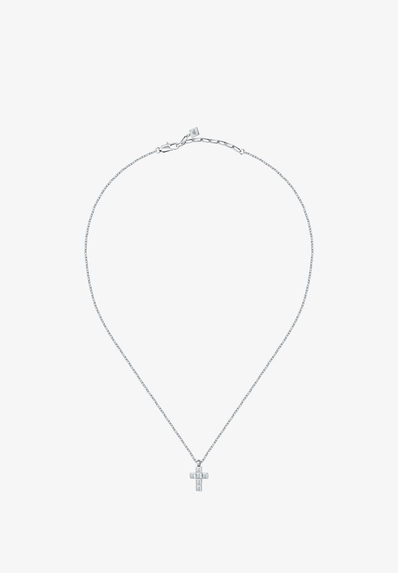 Collana d'argento con un piccolo pendente a croce geometrica su una catena delicata, dotata di chiusura a gancio e lunghezza regolabile.