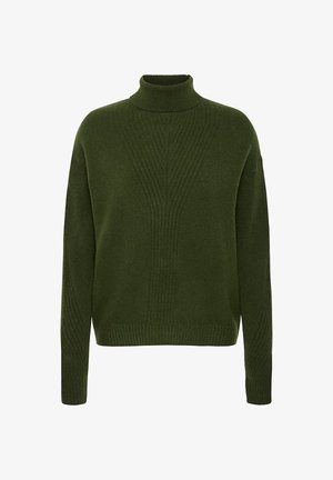 Maglione grigio scuro in lana con collo alto e texture a coste, caratterizzato da pannelli verticali sul davanti e maniche lunghe.