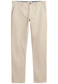 Beige casual trousers made of a smooth fabric, featuring front pockets and a button closure, with a straight-leg cut and subtle texture.