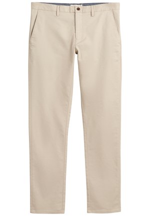 Beige afslappede bukser lavet af et glat stof, med forlommer og knaplukning, i en lige pasform og med en subtil tekstur.