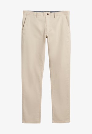 Beige afslappede bukser lavet af et glat stof, med forlommer og knaplukning, i en lige pasform og med en subtil tekstur.