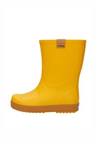 Botte de pluie en caoutchouc jaune avec une finition lisse, une forme légèrement courbée, une semelle texturée et un accent en cuir marron à l'arrière.