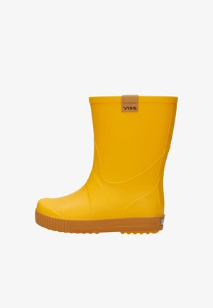 Stivale da pioggia giallo in gomma con finitura liscia, forma leggermente curva, suola texturizzata e dettaglio in pelle marrone sul retro.