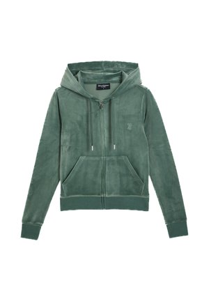 Green zip-up hoodie made of soft fabric, featuring a front logo, two pockets, and a drawstring hood. Smooth texture and fitted cuffs.