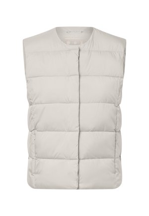 Lys grå ermeløs polstret vest med horisontal quilt og to frontlommer med glidelås, laget av resirkulert polyester.