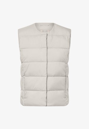 Lys grå ermeløs polstret vest med horisontal quilt og to frontlommer med glidelås, laget av resirkulert polyester.
