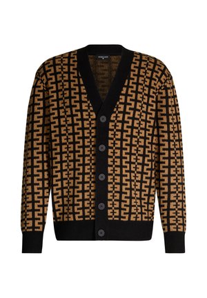 Bruine en zwarte cardigan met knopen, voorzien van een geometrisch patroon, V-hals en geribde manchetten en zoom.