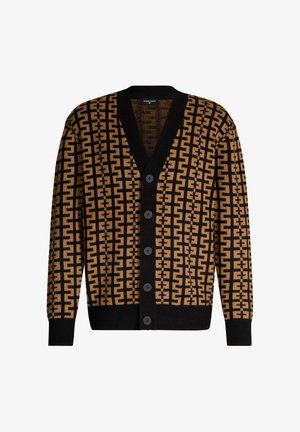 Bruine en zwarte cardigan met knopen, voorzien van een geometrisch patroon, V-hals en geribde manchetten en zoom.