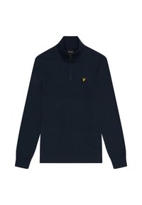 Maglione a maniche lunghe blu navy con collo a zip, realizzato in tessuto morbido. Presenta un piccolo logo di un uccellino giallo sul petto.