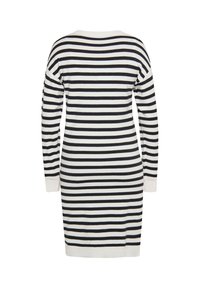 Gestreiftes Strickkleid mit langen Ärmeln, das abwechselnd schwarze und weiße horizontale Streifen zeigt, einen runden Ausschnitt und enganliegende Bündchen hat.