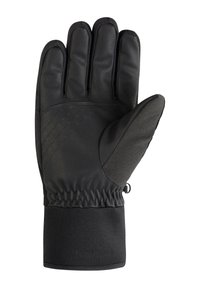 Schwarze Winterhandschuhe mit strukturiertem Lederhandflächen, isoliertem Körper, elastischen Bündchen und verstärkten Nähten an den Fingern.