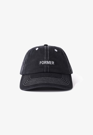 Black baseball cap made of cotton featuring a front embroidered "FORMER" logo and white accent stitching; curved brim design.