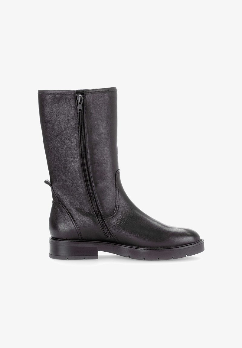 Botas de cuero negro hasta la rodilla con cremallera lateral, punta redondeada y un tacón bajo y resistente. Textura suave con mínimas decoraciones y costuras.