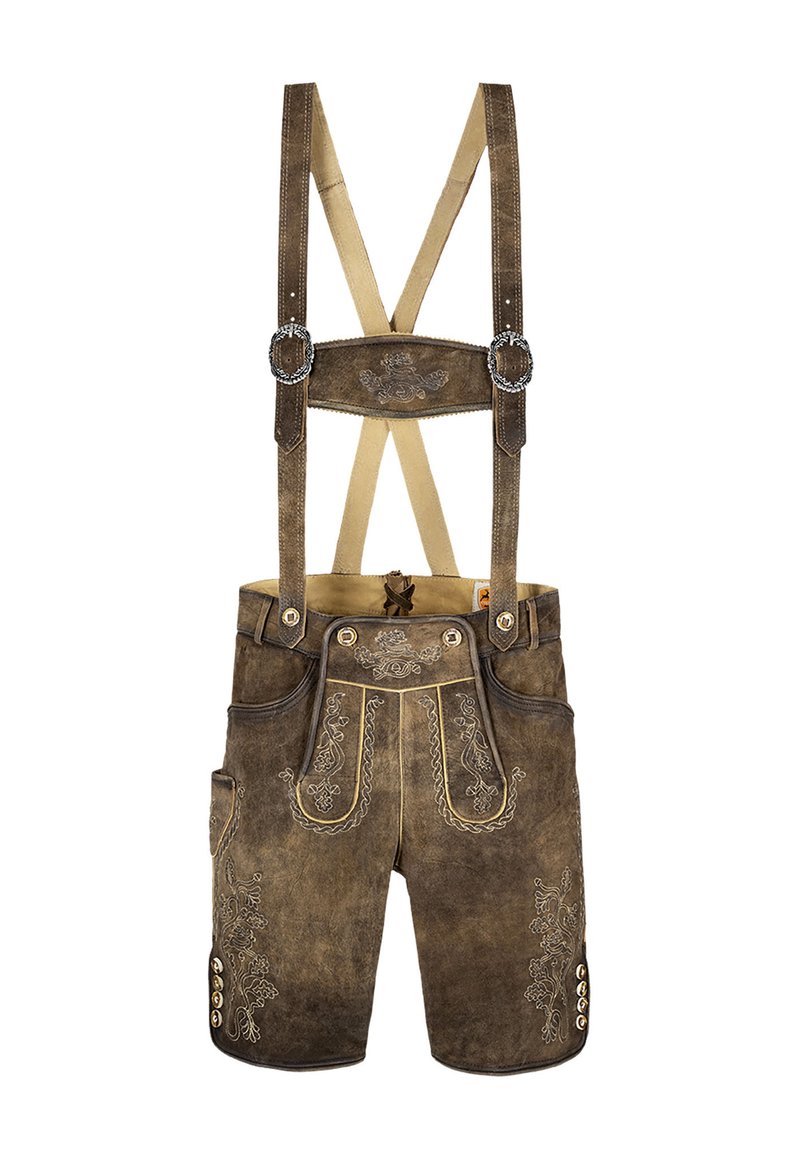 Braune Lederhosen mit Hosenträgern, verziert mit dekorativer Stickerei, Knöpfen und einer strukturierten Oberfläche. Klassische alpine Designelemente.