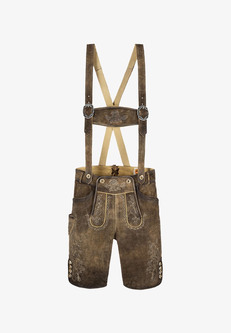 Braune Lederhosen mit Hosenträgern, verziert mit dekorativer Stickerei, Knöpfen und einer strukturierten Oberfläche. Klassische alpine Designelemente.