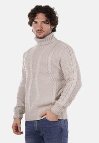 Maglione beige a collo alto in lavorazione a trecce con motivi testurizzati, polsini e orlo a coste. Indossato sopra jeans blu, presenta una vestibilità rilassata.