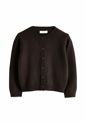 Mørkebrun strikket cardigan med lange ærmer, rund halsudskæring, ribkanter ved ærmer og kant samt seks sorte knapper foran.