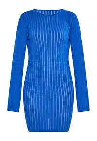 Blaues, geripptes Strickkleid mit langen Ärmeln, rundem Halsausschnitt und vertikalen Streifen. Der Stoff ist leicht und hat eine strukturierte Oberfläche.