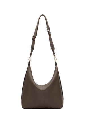 Sac à main hobo en cuir marron avec une large sangle en tissu réglable, équipée de fermoirs métalliques et arborant une discrète marque embossée au centre avant.