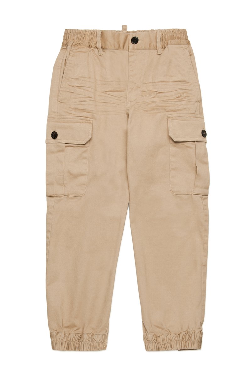Beige Cargo-Hosen mit einem elastischen Bund, zwei seitlichen Taschen und elastischen Bündchen. Hergestellt aus strapazierfähigem Stoff mit glatter Textur.