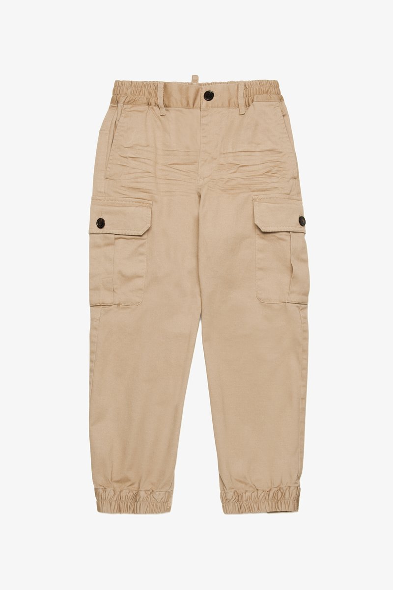Beige cargo bukser med elastisk talje, to sidelommer og elastiske manchetter. Lavet av slitesterkt stoff med en jevn tekstur.