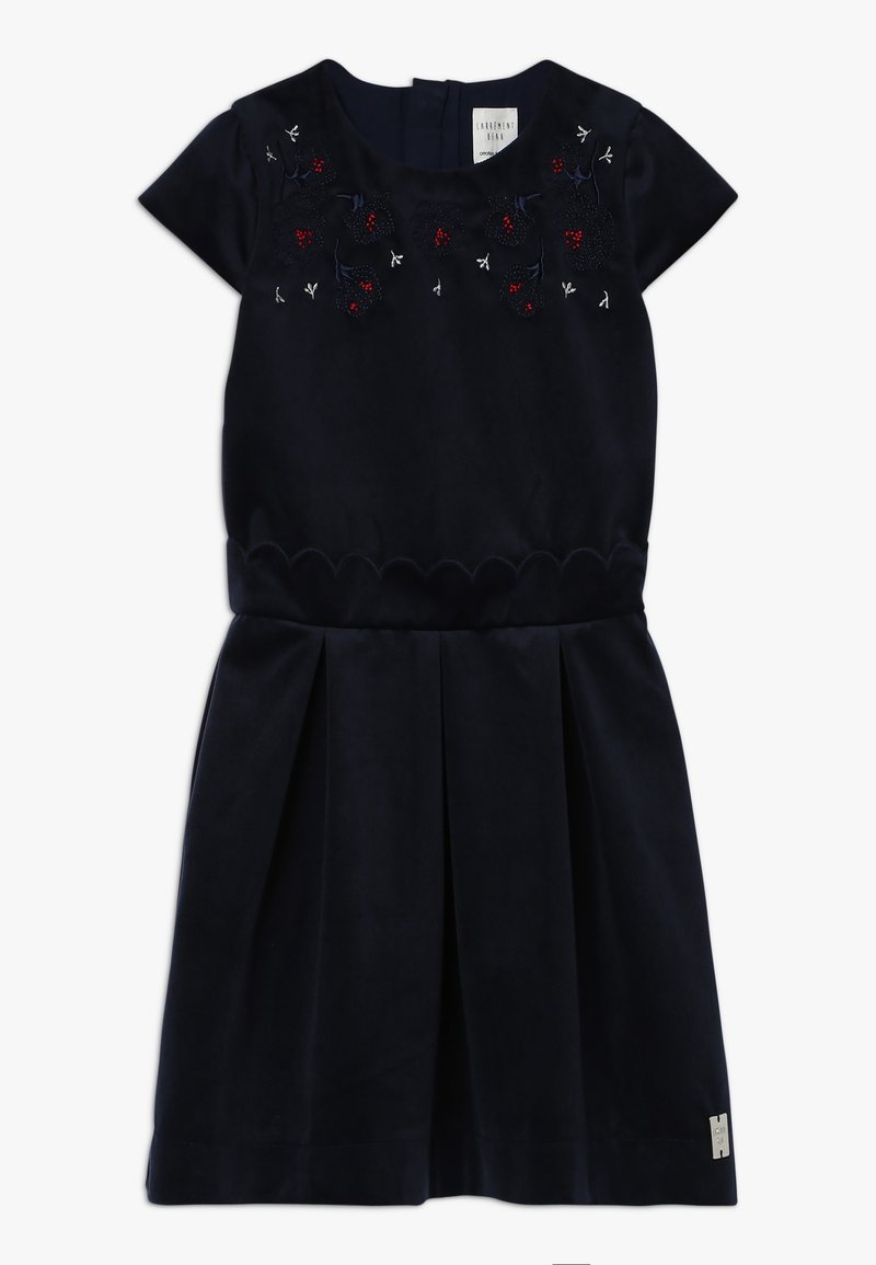 Granatowa sukienka z krótkimi rękawami, haftowanym kwiatowym wzorem na górze, plisowanym dołem i falbany na talii.