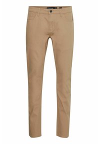 Khaki kalhoty vyrobené z bavlny s přiléhavým střihem, s pěti kapsami, zipovým zavíráním a knoflíkovým zapínáním, hladký povrch po celé délce.