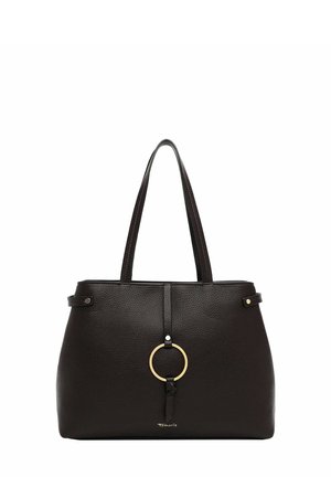 Borsa tote in pelle nera con doppi manici, anello circolare dorato e piccolo logo nella parte inferiore centrale.