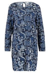 Langärmliges Kleid aus marineblauem Stoff mit weißen Blumen- und Drachenmustern. Details am Schlitzkragen. Weicher, fließender Stoff.