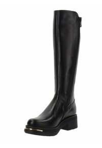 Czarne skórzane buty za kolano z bocznym zamkiem, zaokrąglonym noskiem, blokowym obcasem i złotym akcentem na podeszwie. Gładka faktura i elegancki design.