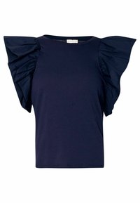 Top blu navy con maniche corte a volant, realizzato in tessuto morbido. Collo rotondo, vestibilità rilassata e dettagli di cucitura minimal lungo l'orlo.