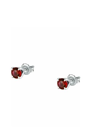 Zilveren studs met ronde rode edelstenen, vastgehouden door vier klauwen, met een gepolijste afwerking.