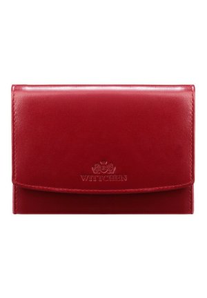 Red leather wallet featuring a smooth texture, embossed logo, and a flap closure. Compact rectangular design with clean lines.