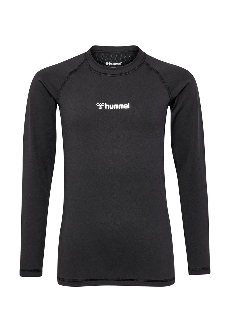 Langärmeliges schwarzes Sportshirt aus glattem Stoff, mit rundem Hals und dem weißen Logo von 'hummel' auf der Vorderseite.