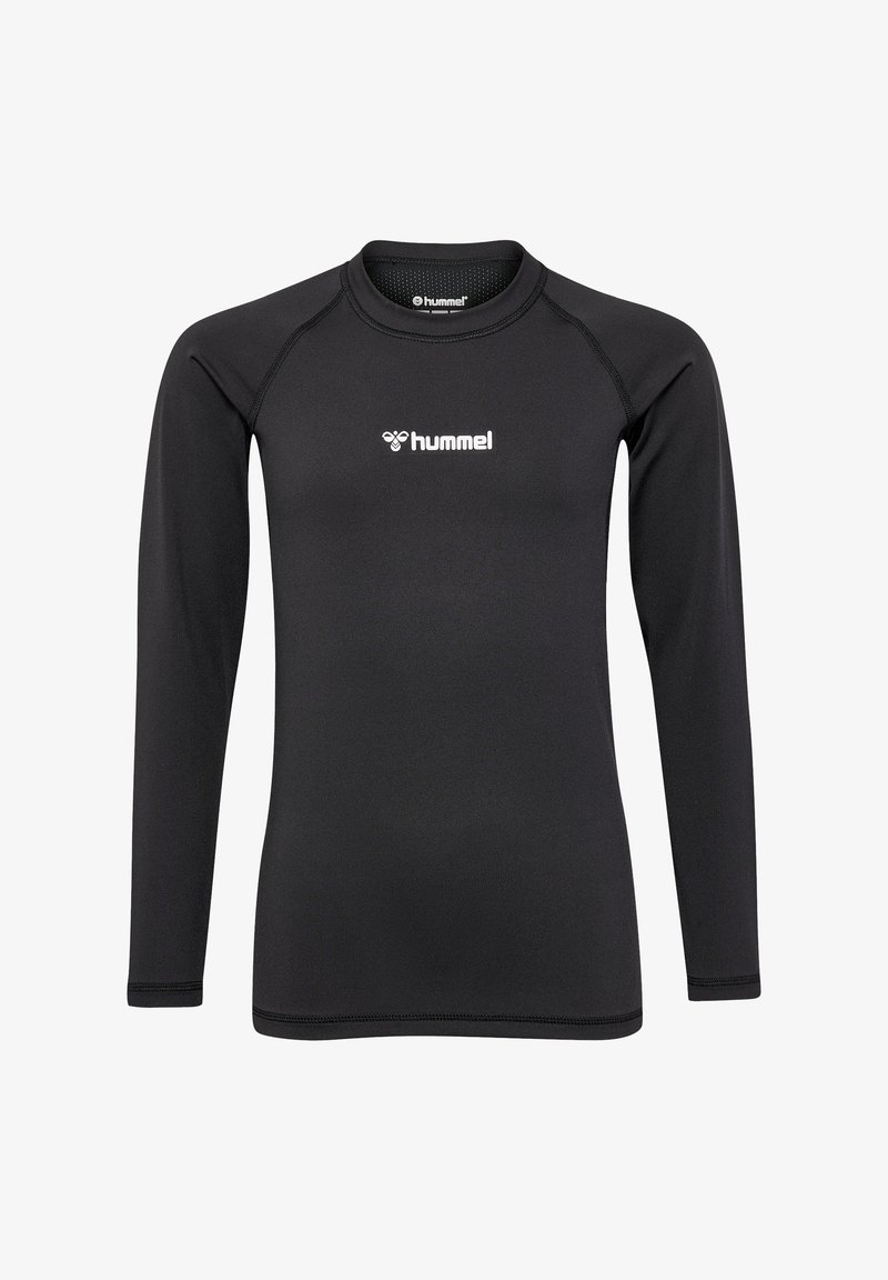 Langärmeliges schwarzes Sportshirt aus glattem Stoff, mit rundem Hals und dem weißen Logo von 'hummel' auf der Vorderseite.