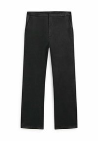 Pantalon noir à jambes droites avec poches avant et fermeture avant dissimulée, présenté sur un fond blanc.