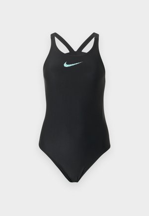 Mustast üheosalisest ujumistrikood ristatud õlapaeltega ja hele sinise pragunenud mustriga Nike Swoosh logo rinnal.